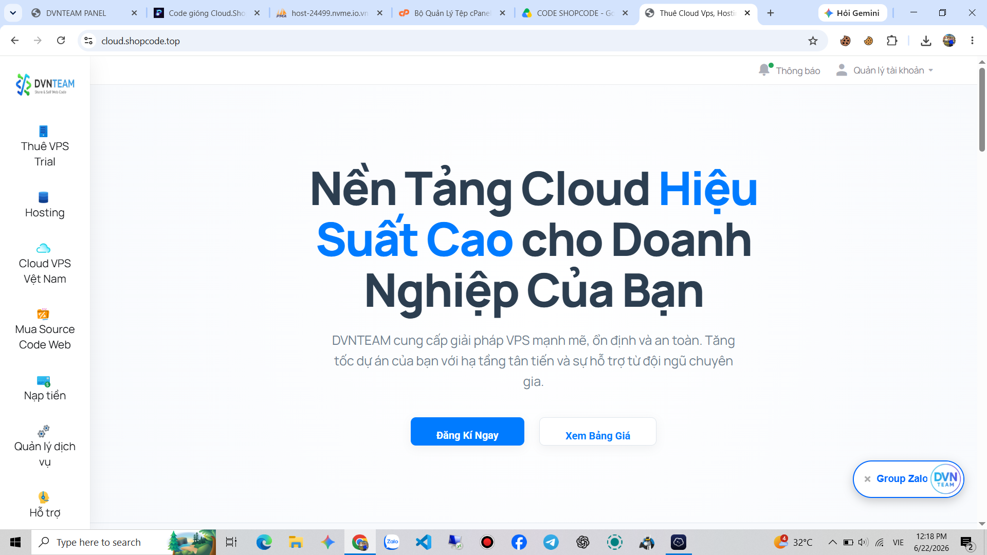 Sourcode bán hosting + Vps + Nạp tiền auto, Giao diện đẹp [Nguồn vps việt giá Rẻ] Bản mới nhất của Cloud.Shopcode.top 22/6/2026