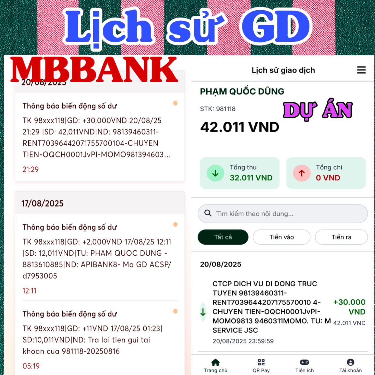 Mã nguồn get lsgd ngân hàng, tạo mã qr & tiện ích & profile (Phù hợp cho các quán, tiệm nhỏ muốn chia sẻ biến động số dư cho nhân viên, gia đình)