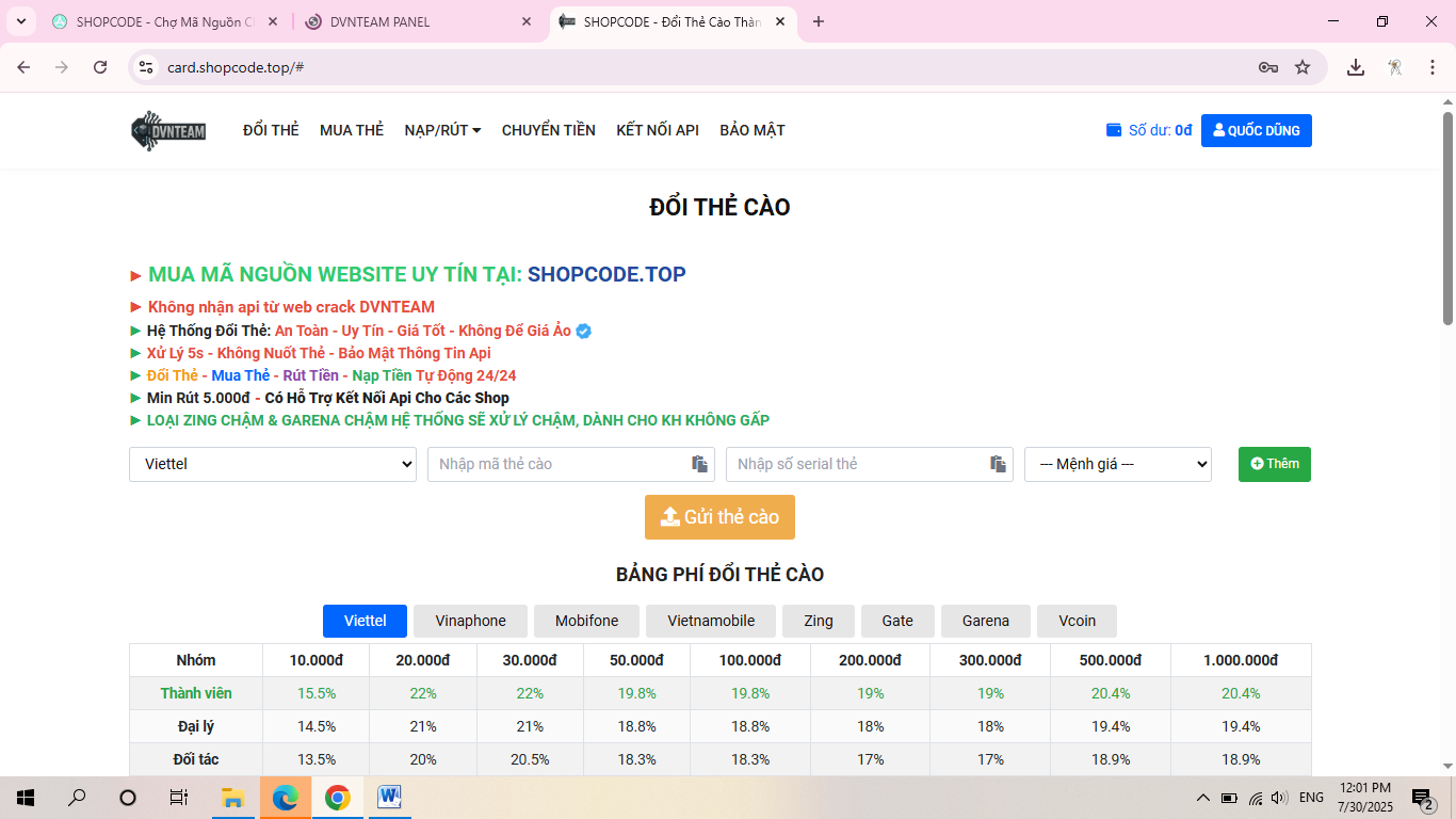 CODE WEB GẠCH THẺ CÀO VIP