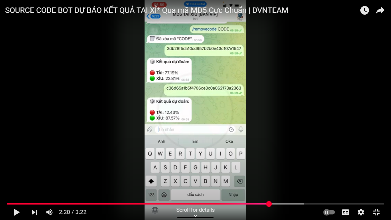 Source code bot dự báo kết quả tài xỉu qua mã md 5 VIP
